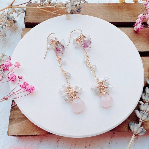 New Handmade Rose Quartz with Mini Gemstones Cluster Long Dangle Earrings - Picture 1 of 5